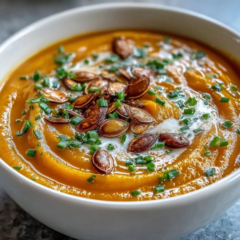 Roasted acorn squash soup with fresh chives and pumpkin seeds, ready for a comforting dinner.