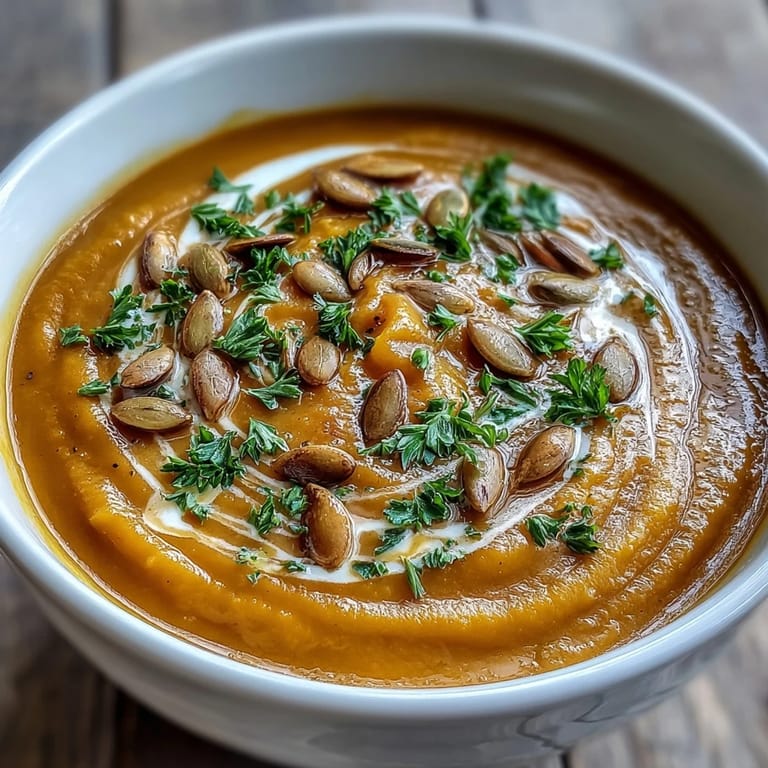 Smooth pumpkin soup swirled with cream, served warm for a cozy autumn meal.