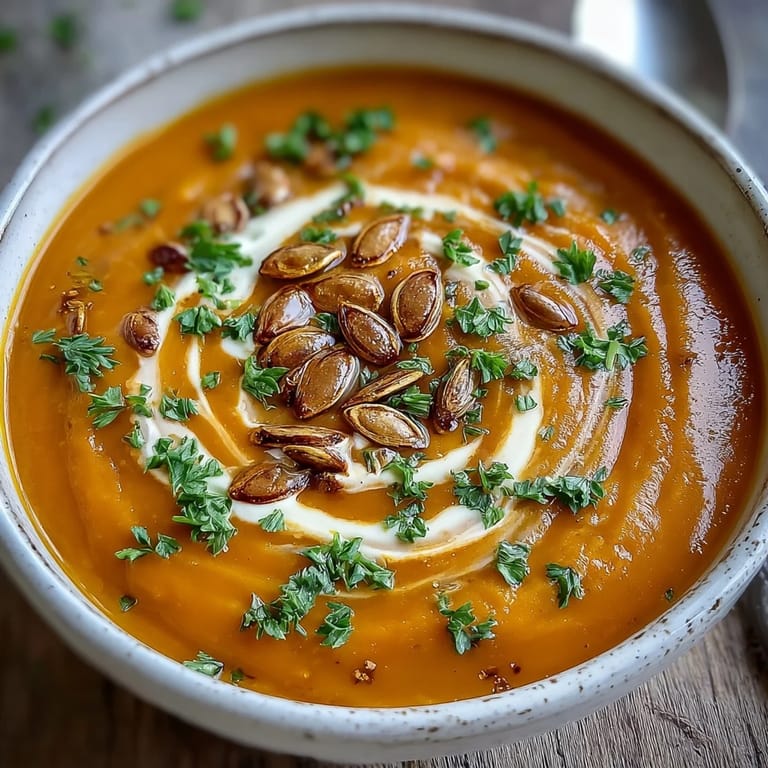 Velvety pumpkin soup with a drizzle of cream and fresh parsley garnish.