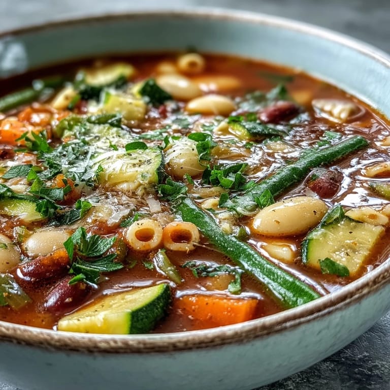 Close-up of homemade vegetable minestrone featuring colorful carrots, zucchini, and beans simmering in a rich tomato broth.