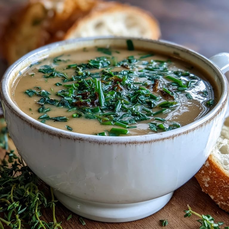 A top-down view of Roasted Garlic and Herb Soup in a rustic bowl, with a swirl of olive oil and fresh thyme on top.