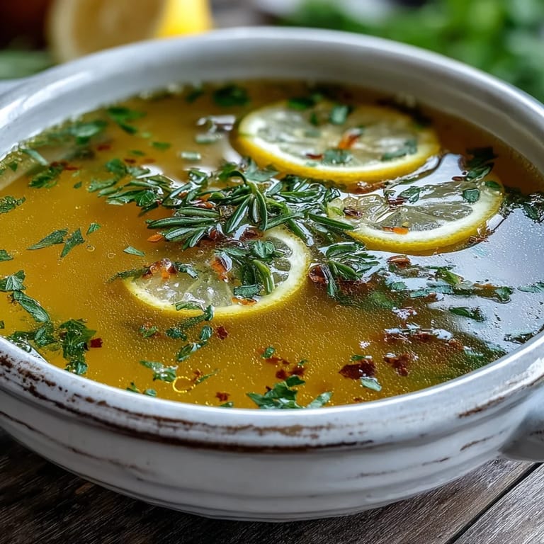 Vibrant green herbs and lemon zest garnish a warm pot of Lemon Herb Soup ready to be served.