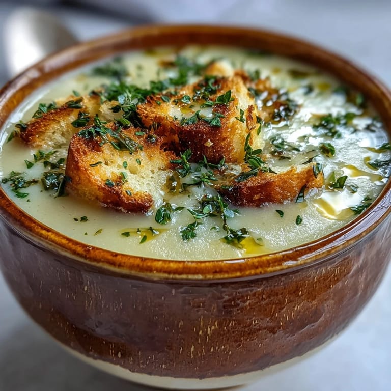 Steaming pot of Garlic and Herb Soup with golden garlic slices and potatoes.