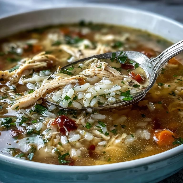 A ladleful of Cozy Winter Chicken and Rice Soup being poured over carrots and celery in a white ceramic bowl.