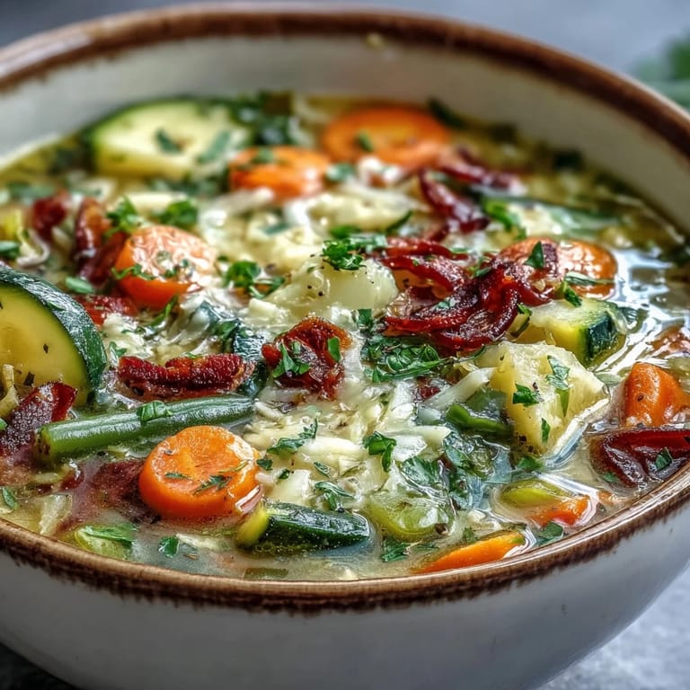 Close-up of creamy Parmesan Veggie Soup garnished with fresh parsley and extra grated cheese.