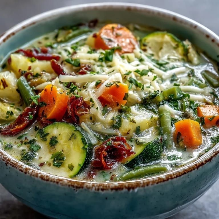 Rustic pot of Parmesan Veggie Soup on a wooden table, ready to serve with a ladle.
