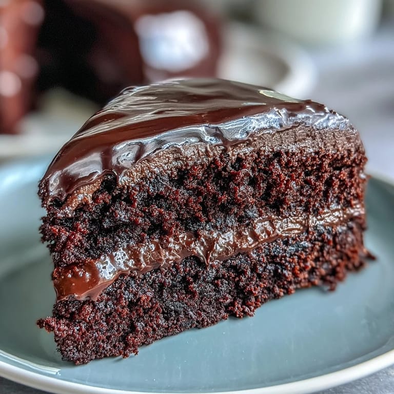 Moist layers of Easy Chocolate Fudge Cake are neatly frosted with silky chocolate icing, ready to serve at a cozy afternoon tea.