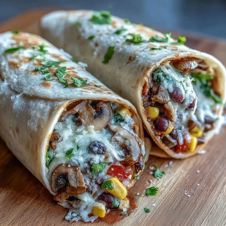 A freshly rolled veggie burrito cut in half, revealing a hearty filling of black beans, corn, and peppers.
