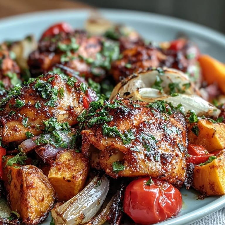 Tender chicken and crispy sweet potatoes are garnished with fresh herbs and lemon wedges on a rustic table.