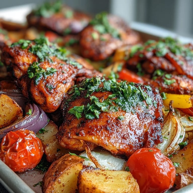A vibrant, one-pan Chicken and Sweet Potato Traybake with caramelized red onions and bell peppers.
