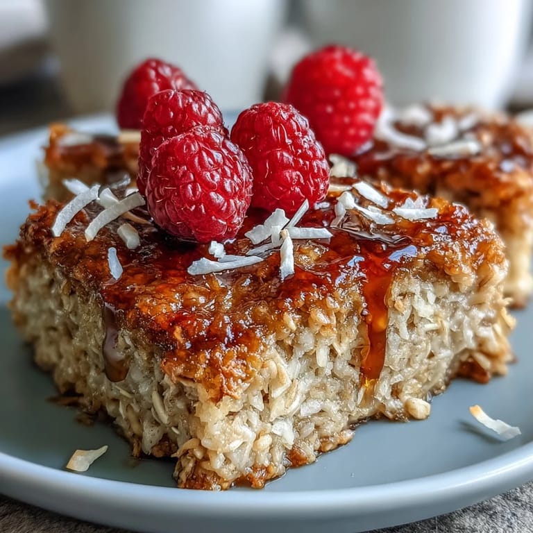 Healthy plant-based Baked Oatmeal with Raspberry and Coconut on a breakfast tray, ready to slice and enjoy.
