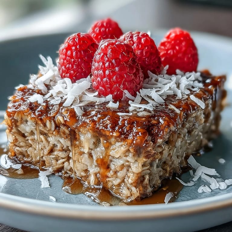 Freshly baked vegan oatmeal casserole with juicy raspberries and toasted coconut flakes, served warm for a cozy morning.