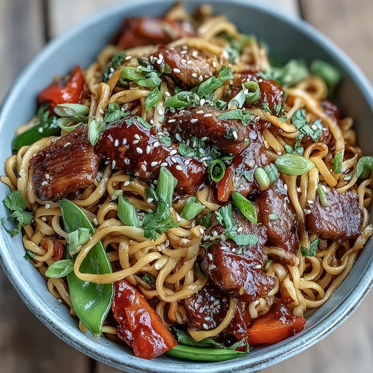 Plated Pork Noodle Stir-Fry alongside a light lager, highlighting glossy noodles, carrots, and snap peas.