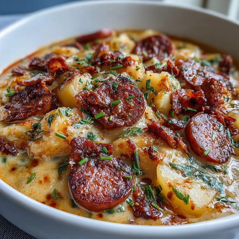 Vibrant bowl of Potato, Leek and Chorizo Soup topped with crispy chorizo bits and green parsley, alongside crusty artisan bread for dipping. Steam rising invitingly.