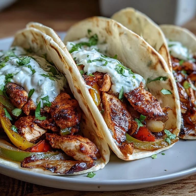 Easy Chicken Fajitas are served family-style on a wooden board with sour cream, salsa, and cheese.