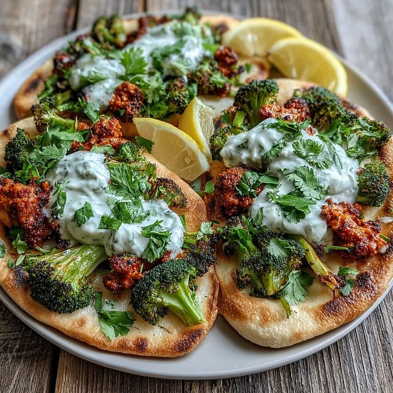 A close-up of harissa broccoli and flatbreads topped with creamy Greek yogurt, lemon wedges, and olive oil drizzle.