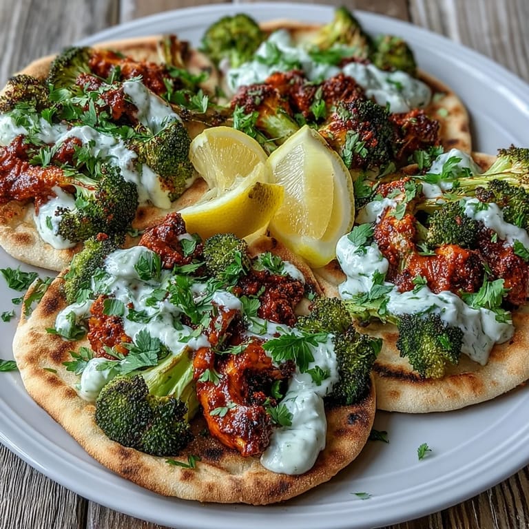 Harissa broccoli and flatbreads plated for dinner, served with lemon wedges and cilantro, ready to eat.