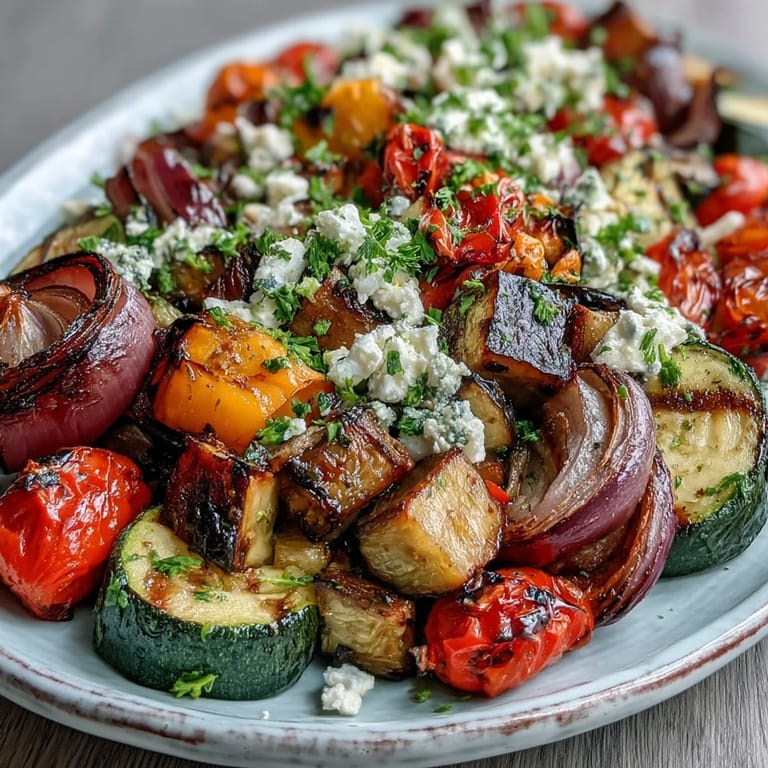 Sizzling Roasted Mediterranean Greek Vegetables served warm from the oven, garnished with Kalamata olives and feta cheese.