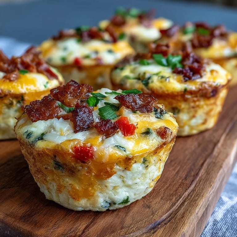 Savory Breakfast Egg Muffins filled with bacon, peppers, and onions served warm alongside a dollop of salsa for dipping.