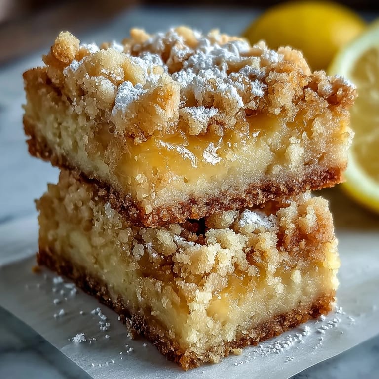 A fork lifts a square of zesty Homemade Lemon Crumb Bars, showcasing the gooey citrus center against golden crumbs.