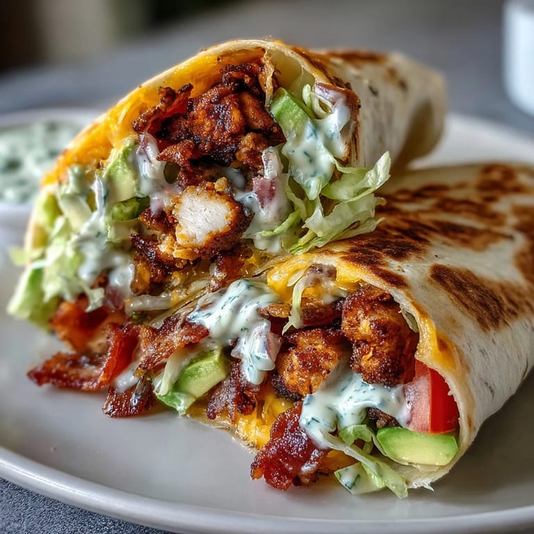 A freshly assembled Crispy Chicken Bacon Wrap cut in half, revealing layers of juicy chicken, smoky bacon, and melted cheese inside.