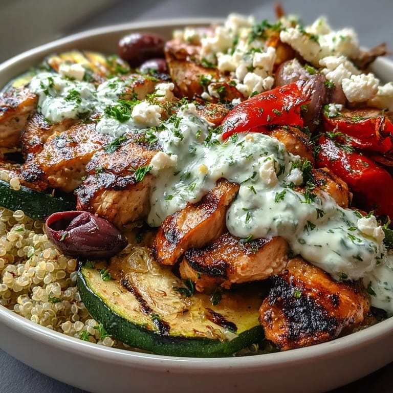 A vibrant, gluten-free Mediterranean bowl features grilled chicken, charred bell peppers, chickpeas, and diced cucumber with a generous tzatziki scoop.