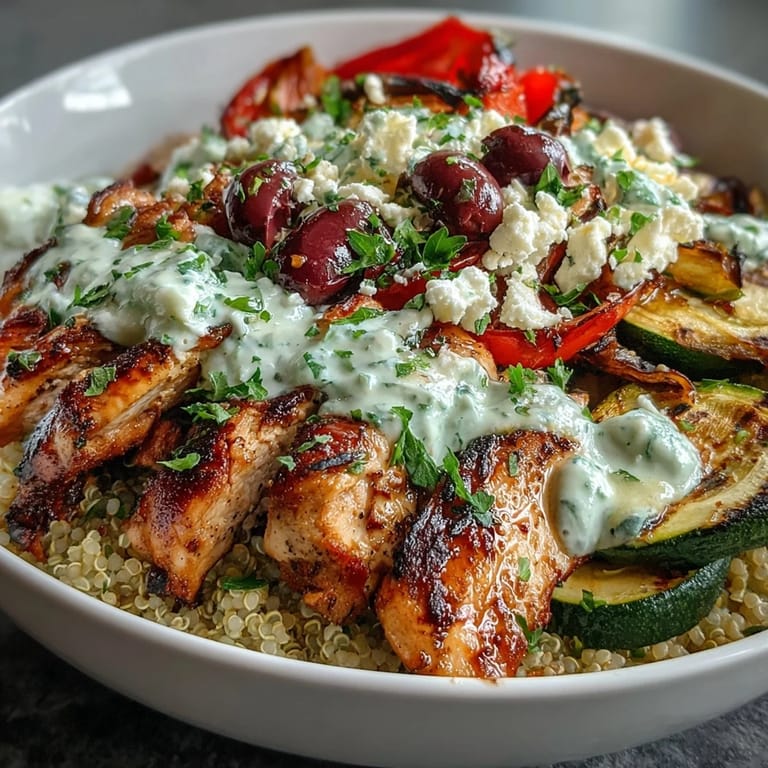 In a rustic bowl, grilled halloumi, roasted eggplant, and zucchini sit atop quinoa, topped with feta, olives, and fresh parsley.