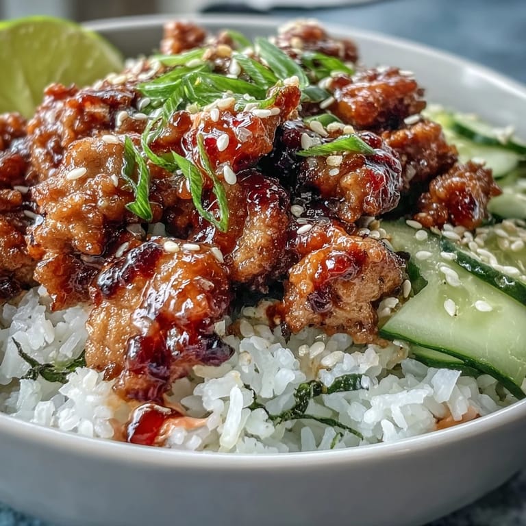 Ground turkey coated in creamy bang bang sauce over steamed rice with carrots, cucumbers, and crunchy red cabbage garnished with sesame seeds.
