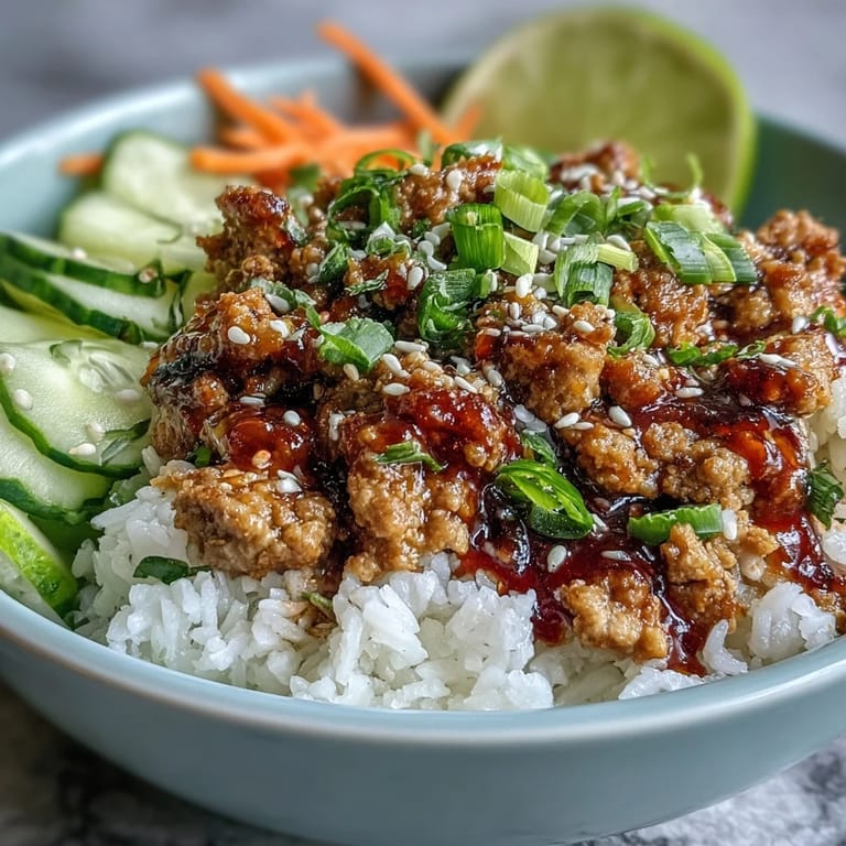 Dinner-ready Bang Bang Ground Turkey Rice Bowls with lime wedges and scallions, perfect for quick weeknight meals and flavorful meal prep.