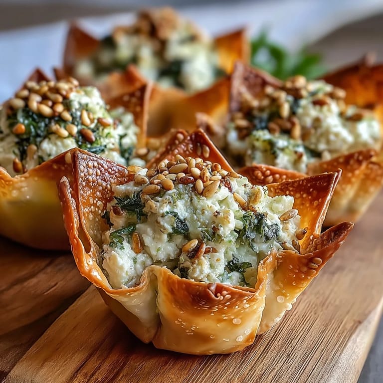 Close-up view of Mediterranean Spinach and Feta Cheese Crisps, revealing a golden wonton shell holding a textured filling of wilted spinach and crumbled feta.