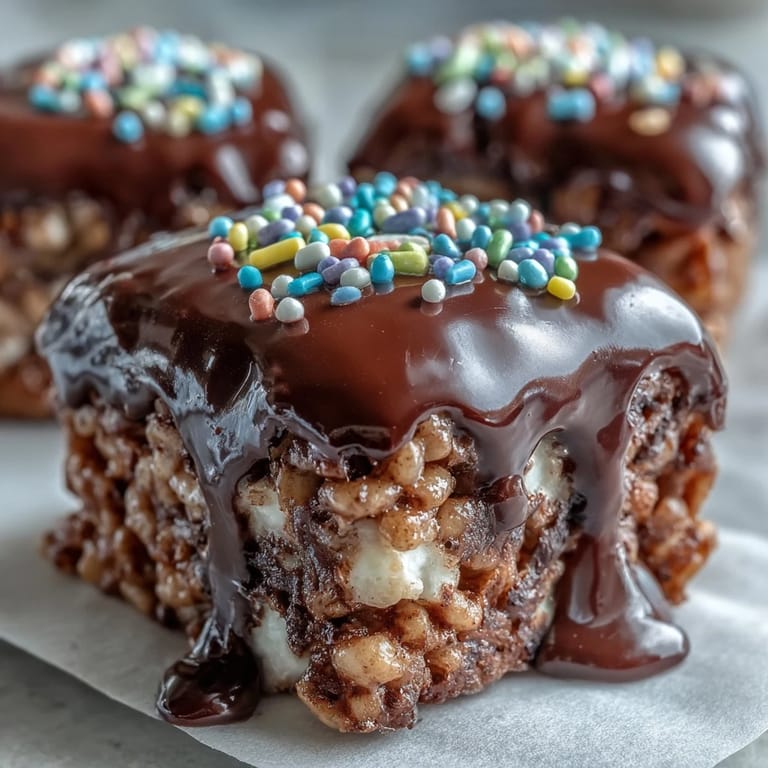 Melted chocolate topped Rice Krispy treats on a white plate, served with cold milk.