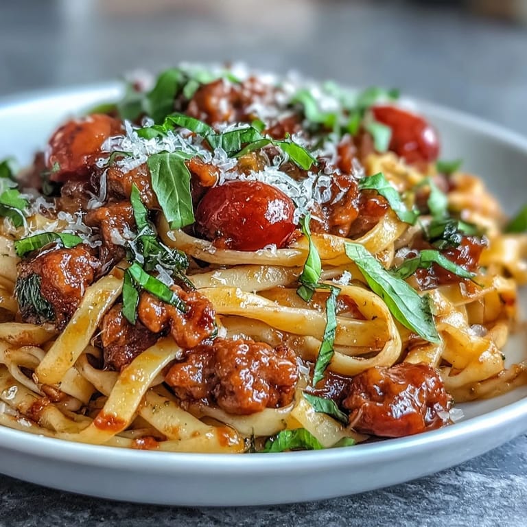 A vibrant bowl of Italian Drunken Noodles features al dente pasta, cherry tomatoes, and a wine-kissed sauce, topped with Parmesan.