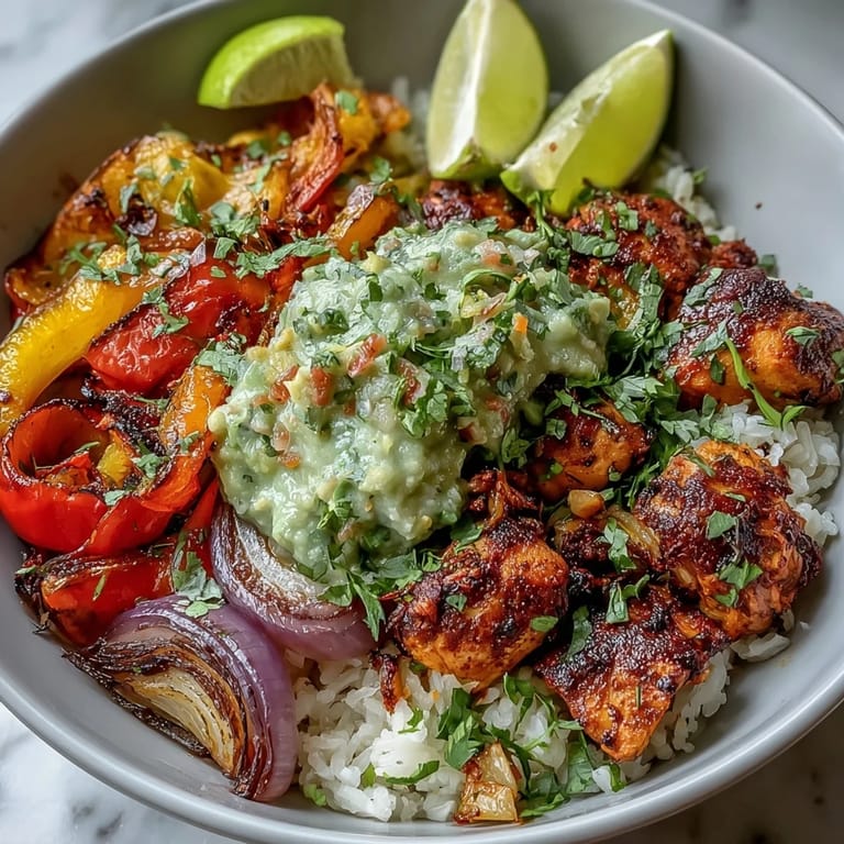 A vibrant Sheet Pan Chicken Tinga Bowl garnished with lime wedges and fresh cilantro, ready to serve.