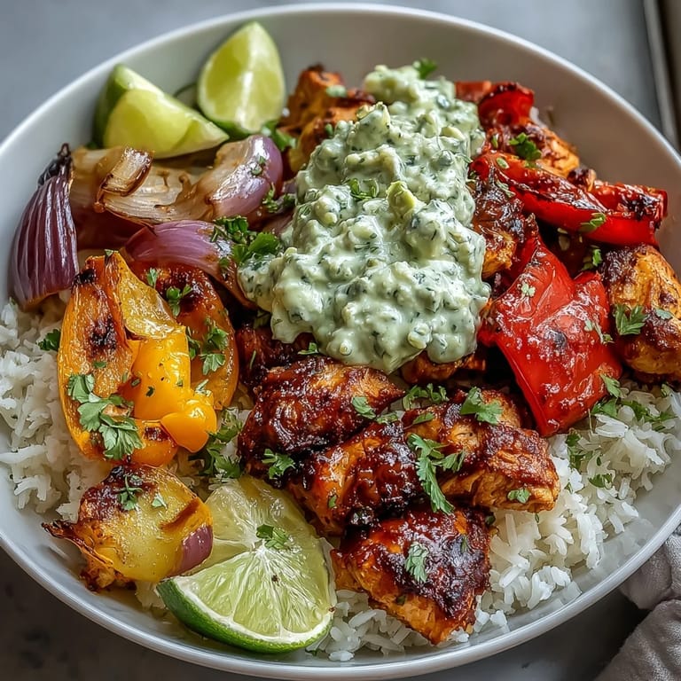 Juicy roasted chicken, peppers, and onions in a Sheet Pan Chicken Tinga Bowl topped with chunky avocado salsa.
