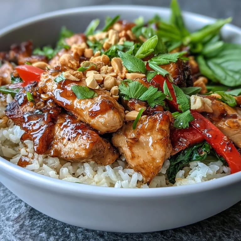 Top-down view of a Thai Chicken Coconut Bowl garnished with peanuts, cilantro, Thai basil, and lime wedges.