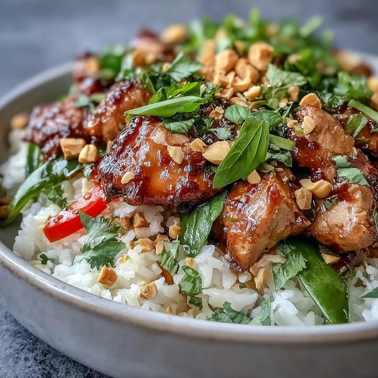 A vibrant Thai Chicken Coconut Bowl featuring creamy rice, tender chicken, and blanched carrots and snap peas.