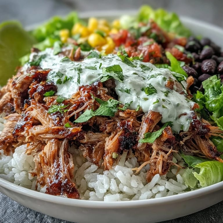 A close-up of a vibrant Carnitas Burrito Bowl with juicy carnitas, fresh cilantro, a drizzle of tangy lime crema, and bright lime wedges on the side.