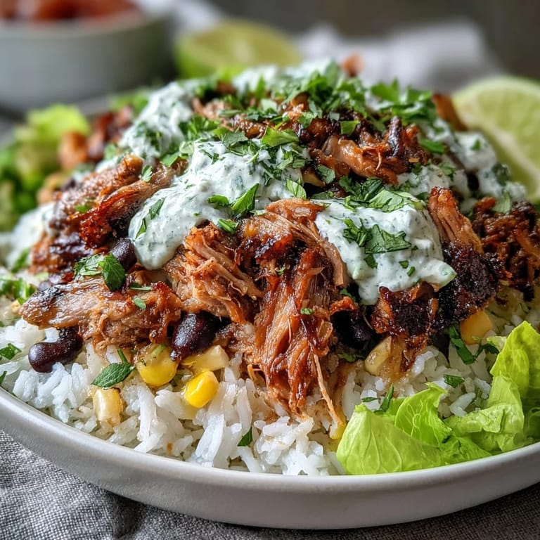 Gluten-free Carnitas Burrito Bowl with tender pork, hearty black beans, sweet corn, and crisp lettuce, served in a rustic ceramic bowl for a satisfying Mexican meal.