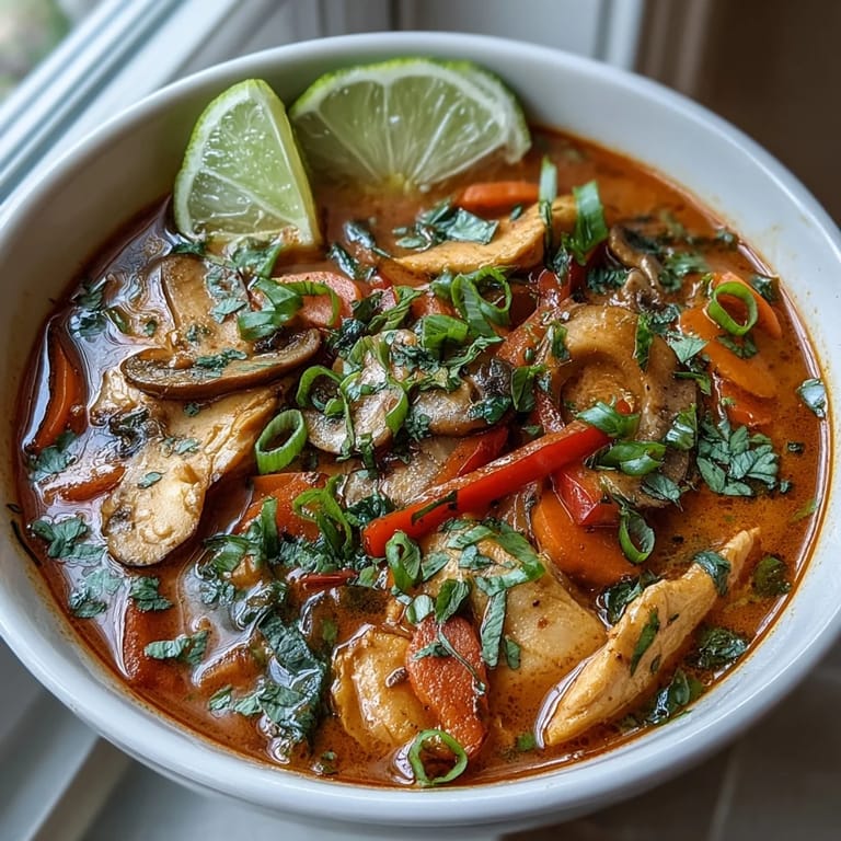 Serving suggestion for Thai Coconut Curry Soup Bowl over rice, topped with sliced red chili and spring onions for spice.
