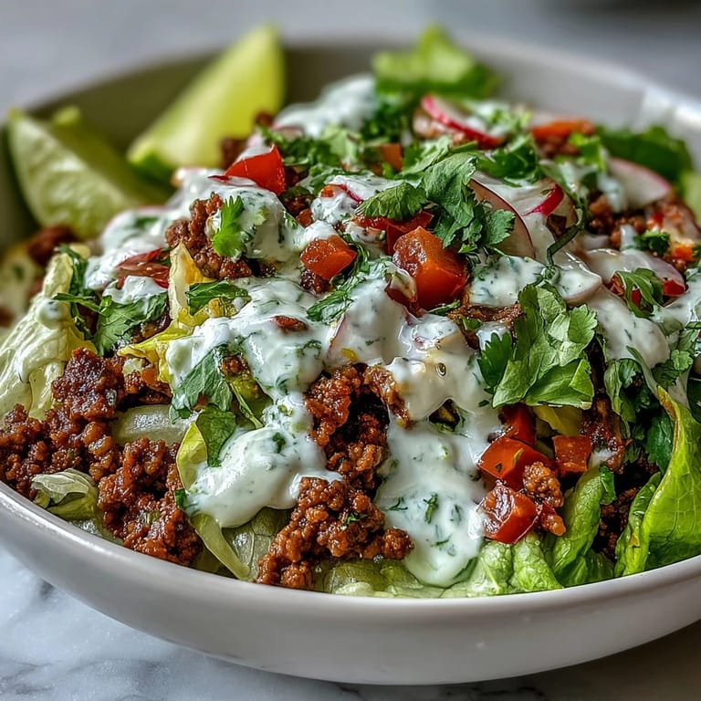 A gluten-free Healthy Taco Bowl featuring juicy seasoned beef, crunchy vegetables, and a bright lime yogurt crema, ready to serve.