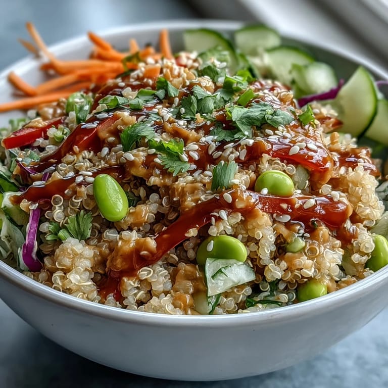Fork ready to dig into a colorful Thai Coconut Quinoa Bowl, served with a side of lime wedges.