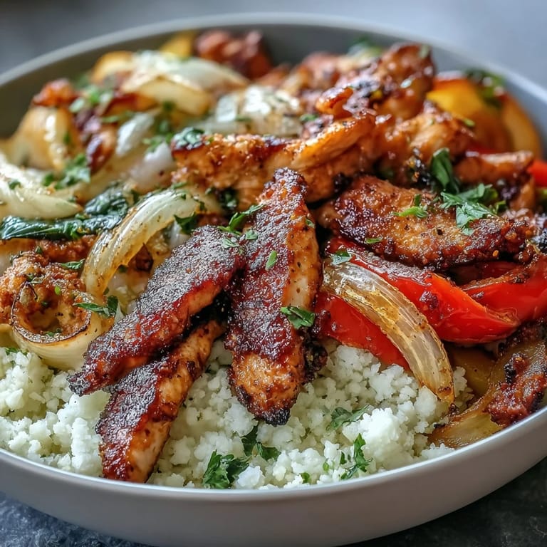 Sizzling Sheet Pan Fajita Bowl served over steamed rice with lime wedges and a dollop of sour cream.