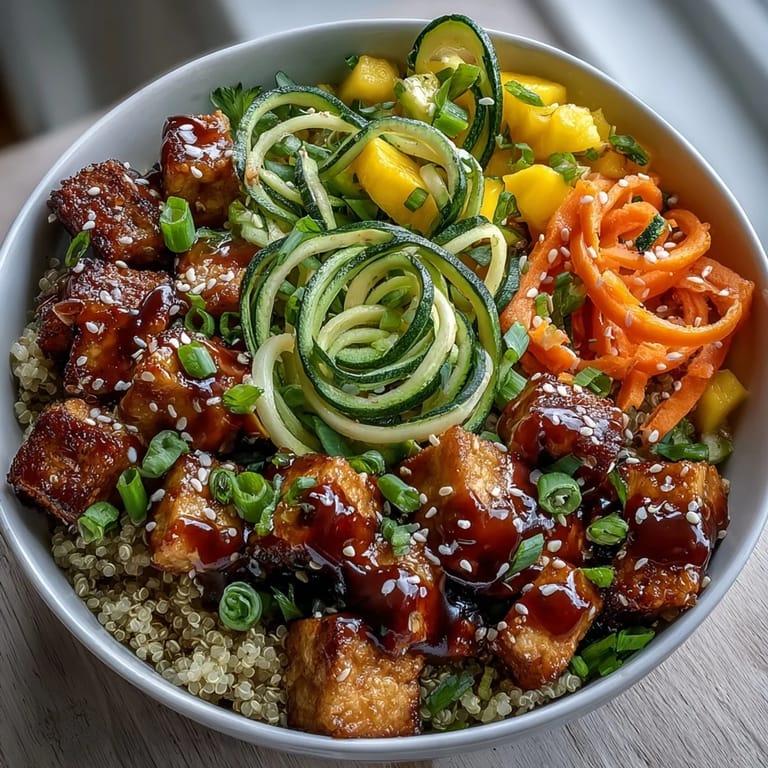 Overhead view of a healthy Easy Teriyaki Quinoa Bowl topped with crispy baked tofu, spiralized veggies, fresh scallions, and a drizzle of glossy sauce.