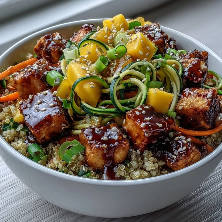 A vibrant serving of Easy Teriyaki Quinoa Bowl with colorful spiralized carrots and zucchini, sweet mango, and baked tofu ready to be enjoyed.