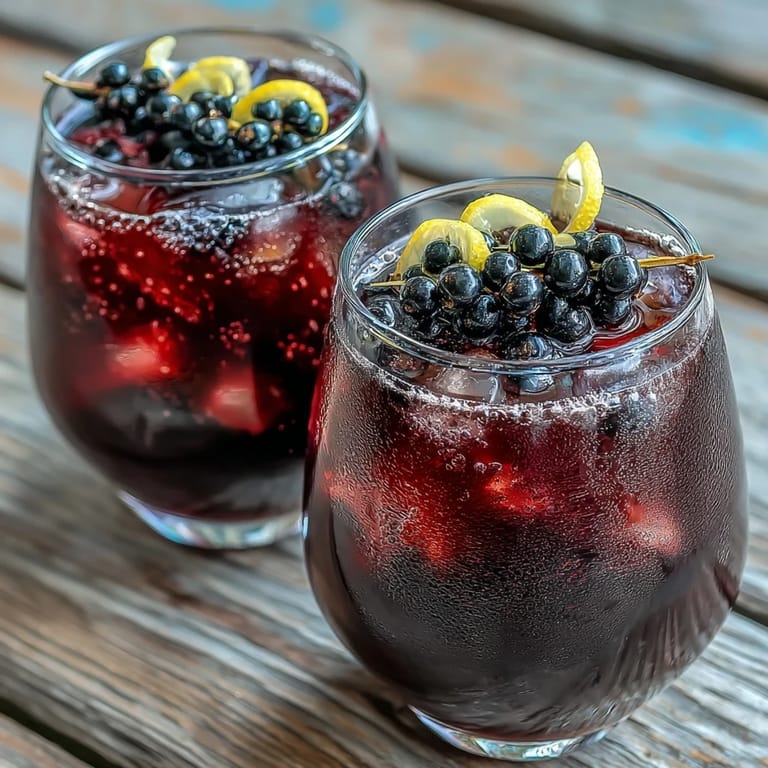 Two glasses of vibrant Black Currant and Cassis Cocktail topped with ice cubes and lemon twists, perfect for a French-inspired appetizer hour.