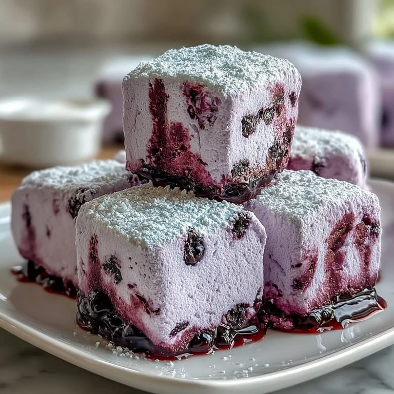 A close-up shows hand-cut squares of Black Currant Marshmallows with a soft, pillowy texture and a vibrant, sweet-tart fruit swirl.
