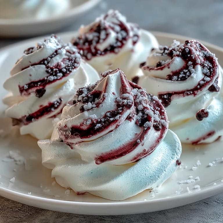 Two delicate Black Currant Meringues on a white plate, with fresh berries and a dollop of whipped cream.
