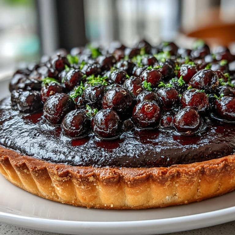 A slice of Black Currant Fruit Tart on a white plate, revealing the crisp buttery crust and vibrant berry garnish, served near a cup of tea.