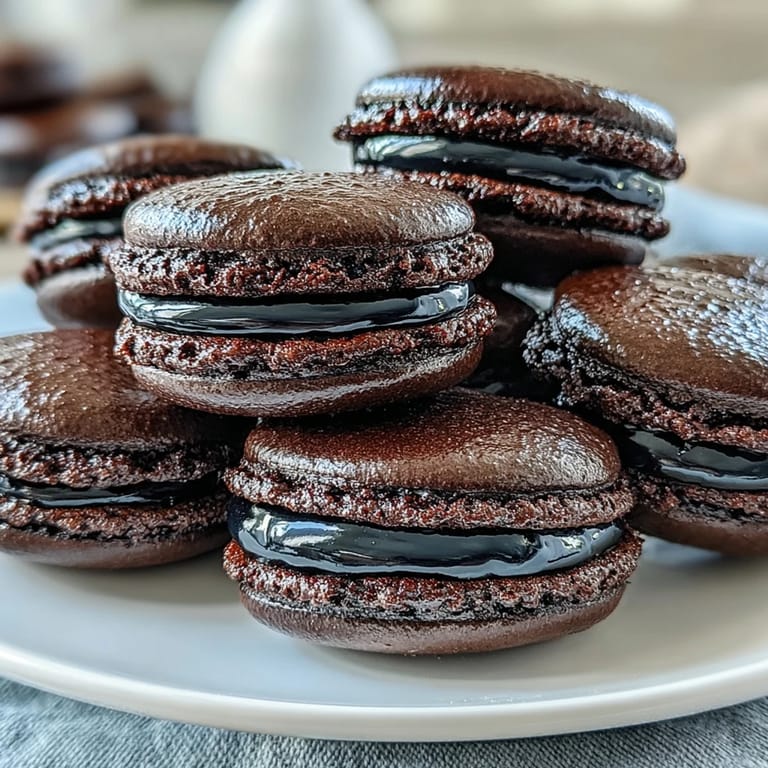 Two French Black Currant Macarons with cracked shells and rich purple ganache, served on a white ceramic plate with fresh berries.