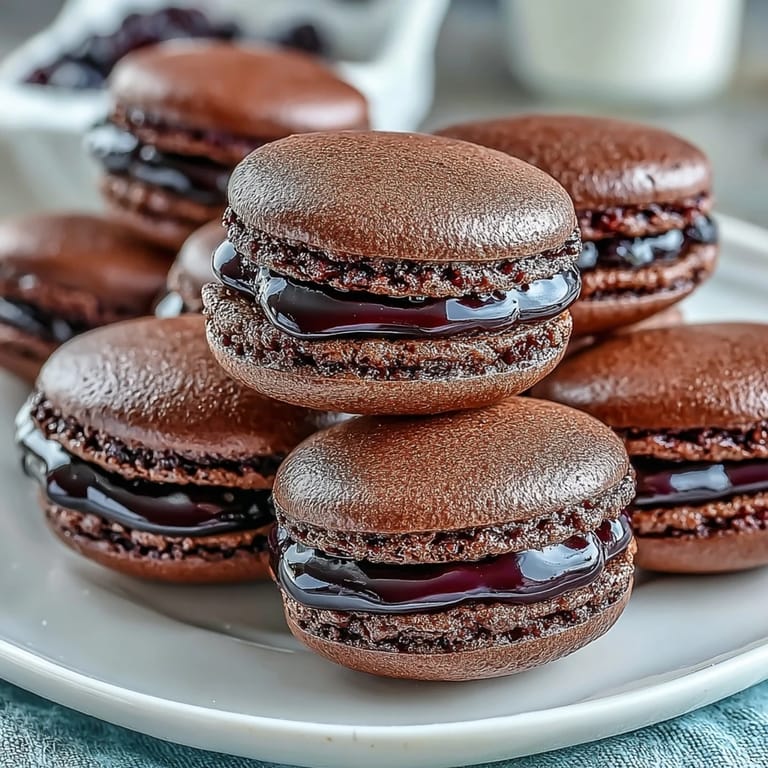A pair of elegant Black Currant Macarons resting on a cooling rack, showcasing their chewy texture and vibrant blackcurrant filling.